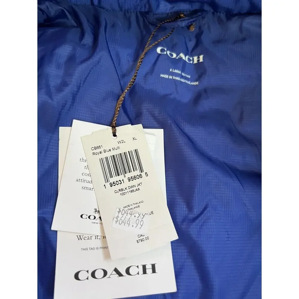 Coach CB661 Colorblock Down Puffer Jacket Royal Blue Multi XL $650